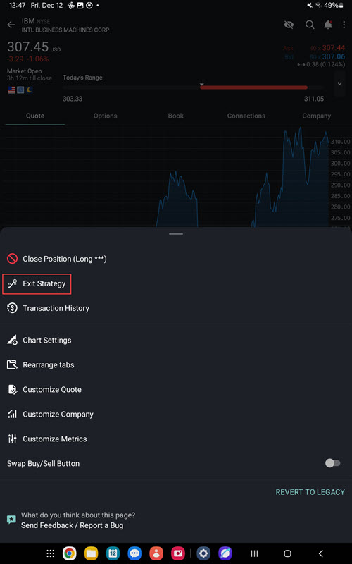 The exit strategy option on the Android Tablet